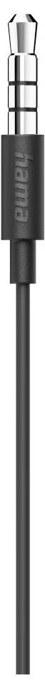 Nahaufnahme eines schwarzen Hama-Audiokabels mit einem 3,5-mm-Stecker-Anschluss auf weißem Hintergrund.