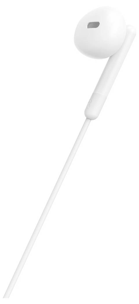 Weiße kabelgebundene Ohrhörer mit langem Kabel, gezeigt auf einfachem weißen Hintergrund.