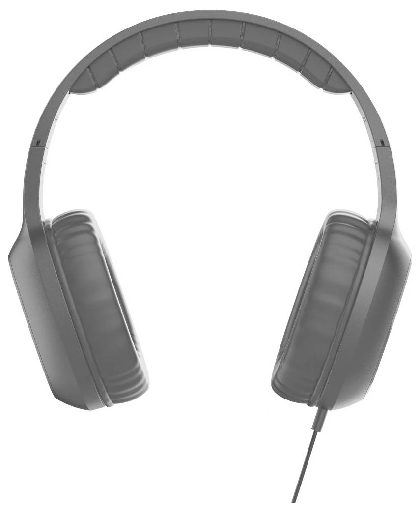 Graue Over-Ear-Kopfhörer mit Kabel auf weißem Hintergrund, frontal gezeigt mit gepolstertem Kopfbügel und Ohrpolstern.