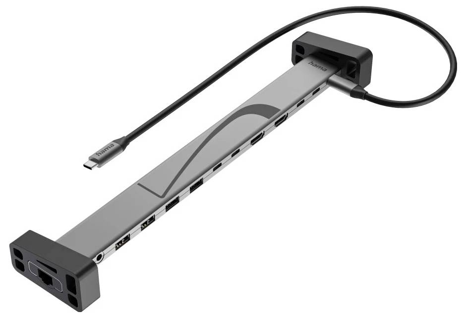 Grauer USB-Multiport-Hub/Docking-Adapter mit integriertem USB-Kabel und mehreren Anschlüssen an der Seite, gezeigt auf weißem Hintergrund.