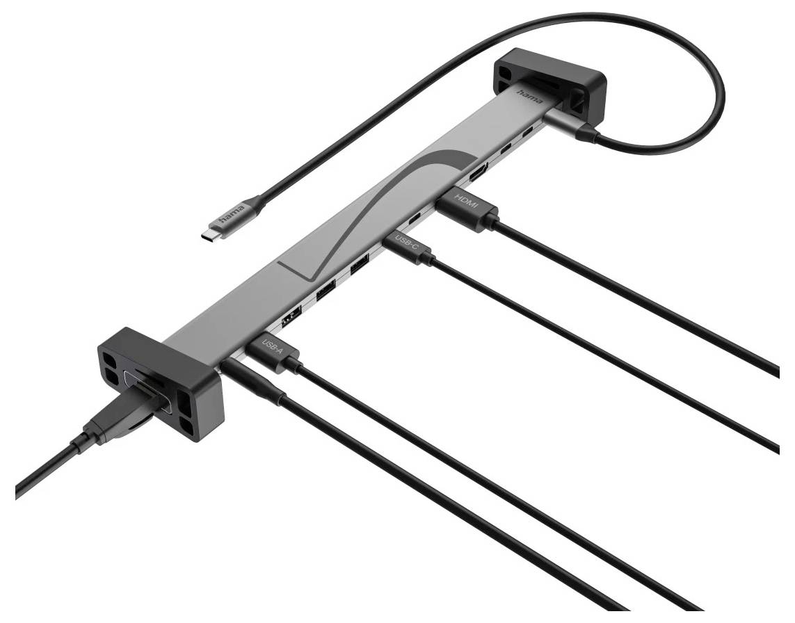 USB-C-Docking-Hub mit mehreren angeschlossenen Kabeln, der einen zentralen Adapter zeigt, der einen Port in mehrere Verbindungen erweitert.