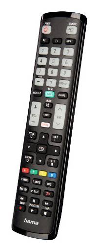 Schwarze Hama TV-Fernbedienung mit Ein-/Ausschalter, Zahlen-, Lautstärke-, Kanal- und Navigationstasten.