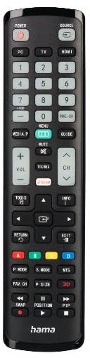 Schwarze Hama TV-Fernbedienung mit Power-, Source-, Zahlentastatur, Lautstärke-/Kanal-, Menü-, Guide- und Wiedergabeschaltflächen.