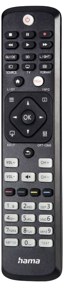 Schwarze Hama TV-Fernbedienung mit rotem Ein-/Aus-Knopf, zentralem OK-Pad, Wiedergabe- und TV-Funktionstasten, Lautstärke-/Kanalschaltern und numerischer Tastatur.