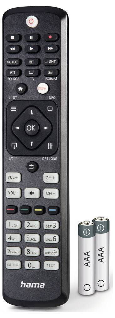 Schwarze Hama TV-Fernbedienung mit Navigationspad, Wiedergabetasten, Lautstärke- und Kanalschaltflächen, numerischer Tastatur und zwei AAA-Batterien daneben abgebildet.