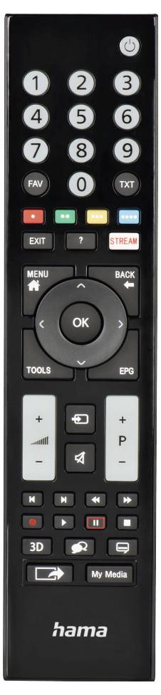 Schwarze Hama TV-Fernbedienung mit numerischer Tastatur, Richtungstasten, Lautstärke-/Kanaltasten und beschrifteten Menü-, Zurück-, Tools-, EPG- und Medientasten.