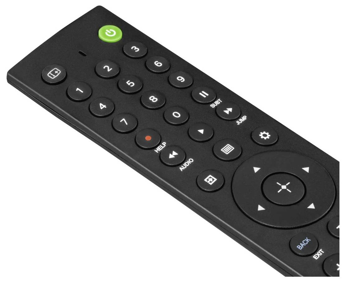 Schwarze Fernbedienung für Fernseher mit Stromversorgung, Nummerntasten, Navigationspad und beschrifteten Tasten wie „HILFE