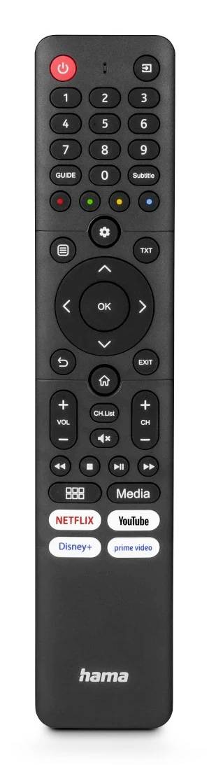 Schwarze Hama TV-Fernbedienung mit Zahlenpad, Navigationspad, Lautstärke- und Kanalschaltern sowie dedizierten Tasten für Netflix, YouTube, Disney+ und Prime Video.