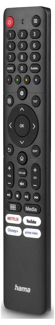 Schwarze Hama TV-Fernbedienung mit Zahlenblock, Navigationsring, Lautstärke- und Sendertasten sowie Streaming-Schnellzugriffe für Netflix, YouTube und Prime Video.