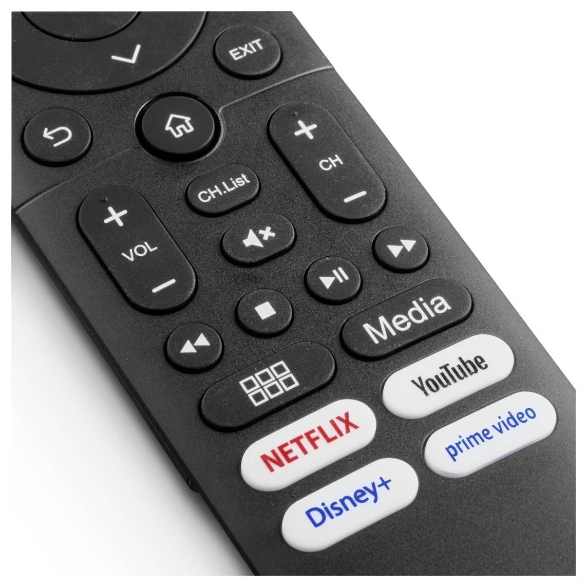 Nahaufnahme einer Fernbedienung mit Schaltflächen für Streaming-Dienste mit den Aufschriften „Netflix