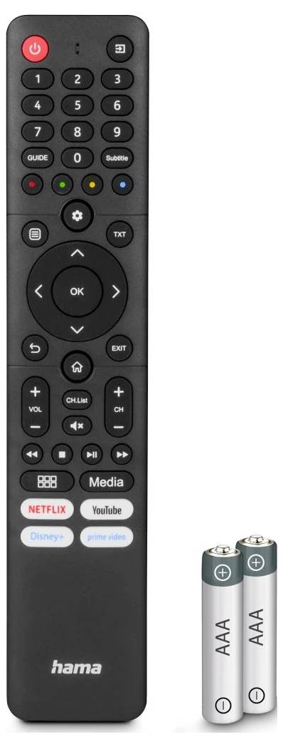 Schwarze Hama TV-Fernbedienung neben zwei AAA-Batterien, mit Streaming-App-Tasten wie Netflix, YouTube, Disney+ und Prime Video.