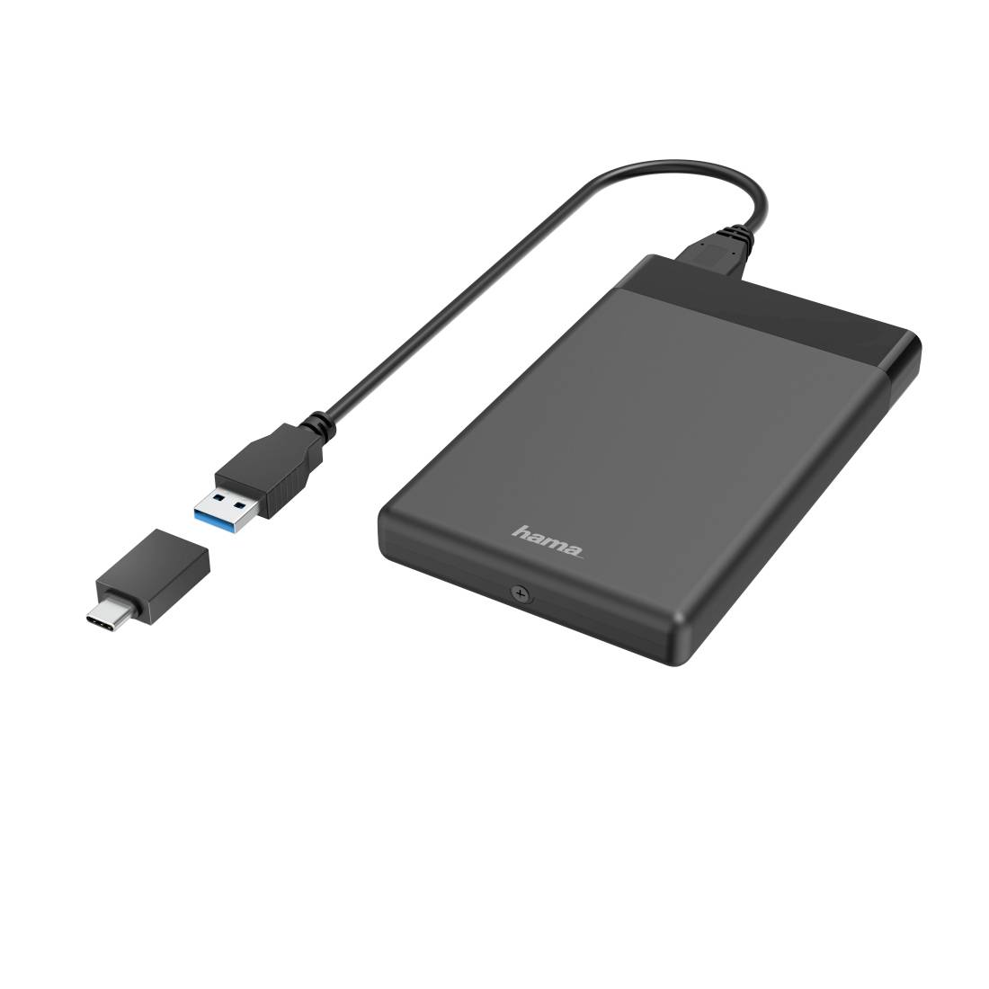 USB-C-auf-USB-A-Kabel angeschlossen an ein graues externes Festplattengehäuse mit der Bezeichnung „hama