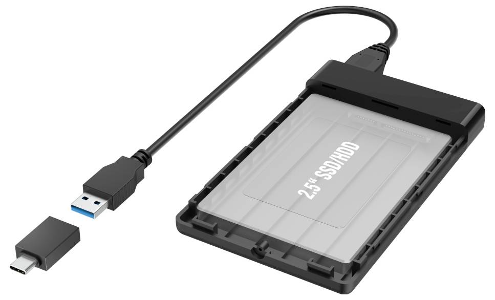 USB-C zu USB-A externes Gehäuse mit einer 2,5-Zoll-SSD, dargestellt mit dem abnehmbaren Adapterkabel, das mit dem Laufwerksgehäuse verbunden ist.