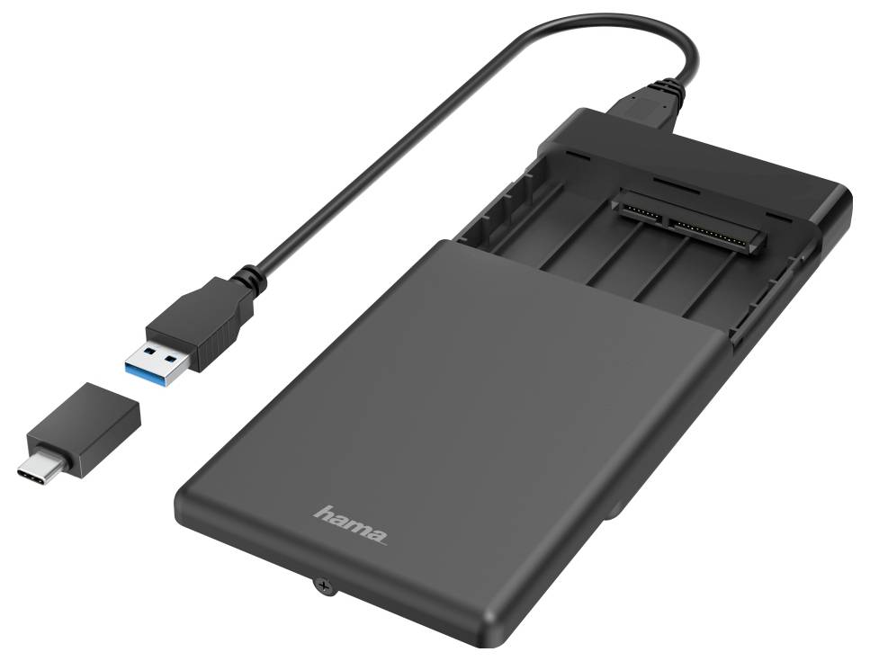 USB-C-zu-SATA-Festplattenadapter mit angeschlossenem USB-A-Kabel und abnehmbarer USB-C-Spitze zum Anschluss eines 2,5-Zoll-Laufwerks an einen Computer