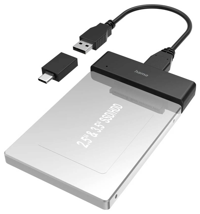 USB-zu-SATA-Adapterkabel mit einer 2,5-Zoll-SSD verbunden, mit Micro-USB- und USB-A-Stecker über dem Laufwerk dargestellt.