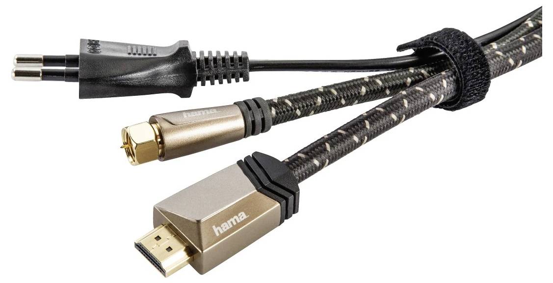 Drei geflochtene Audio-/Videokabel mit Steckverbindern: 3,5-mm-Audiostecker, vergoldeter Koaxialstecker und HDMI-Stecker.