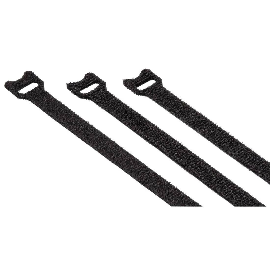 Drei schwarze Klettverschluss-Kabelbinder mit Schlaufenenden, diagonal auf weißem Hintergrund angeordnet.