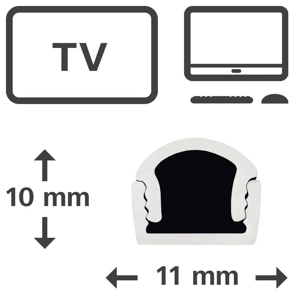 Diagramm zeigt einen Fernseher oder Monitor mit 10 mm Höhe und 11 mm Breite, das die Größe einer kleinen Gerätehalterung oder eines Adapters veranschaulicht.