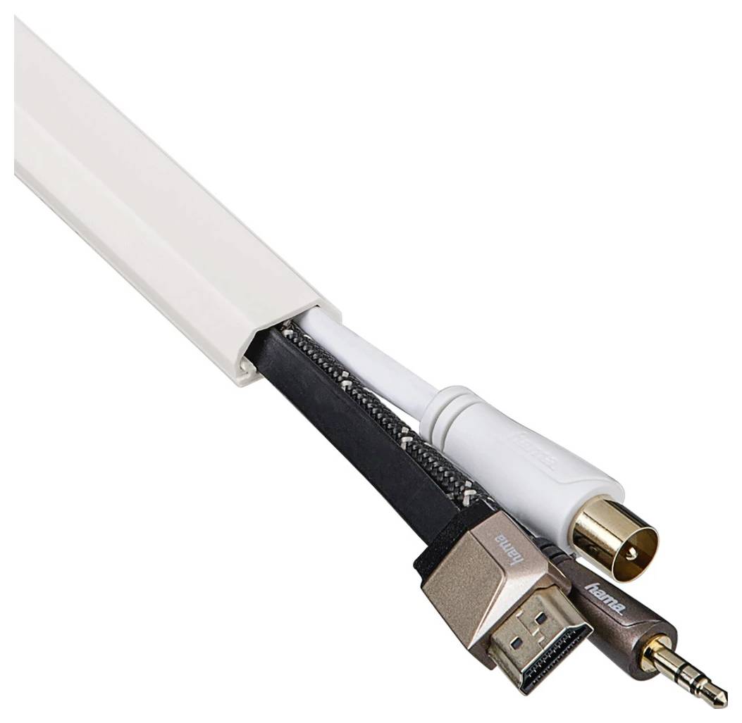 Nahaufnahme einer Kabelorganisierermanschette, die einen USB-Stecker, einen Koaxialstecker und eine 3,5-mm-Audiobuchse freilegt.