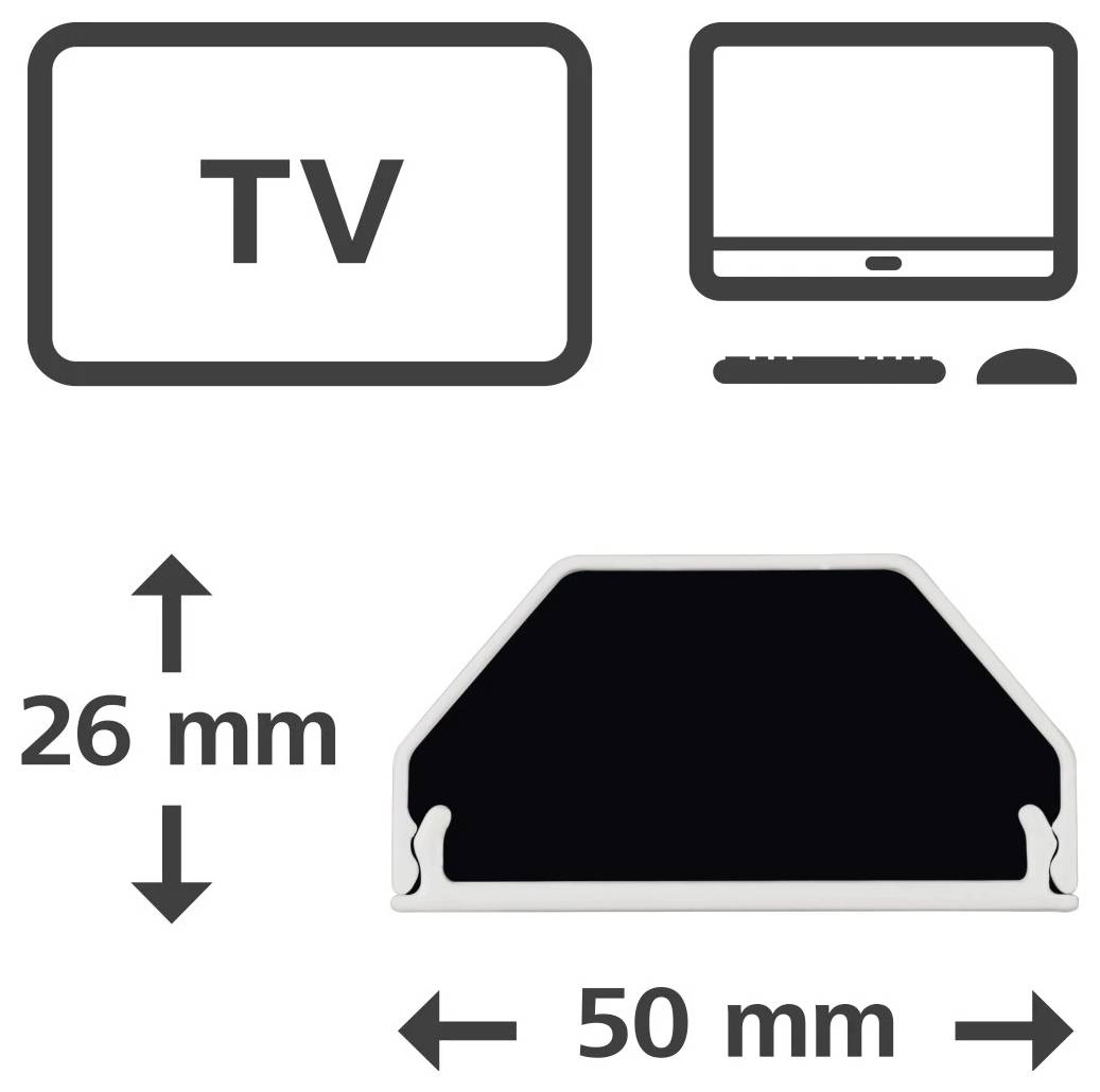 Diagramm einer Fernsehwandhalterung, das eine Breite von 50 mm und eine Höhe von 26 mm zeigt, mit Fernseh- und Monitorsymbolen, die die kompatible Anzeigemontage anzeigen.