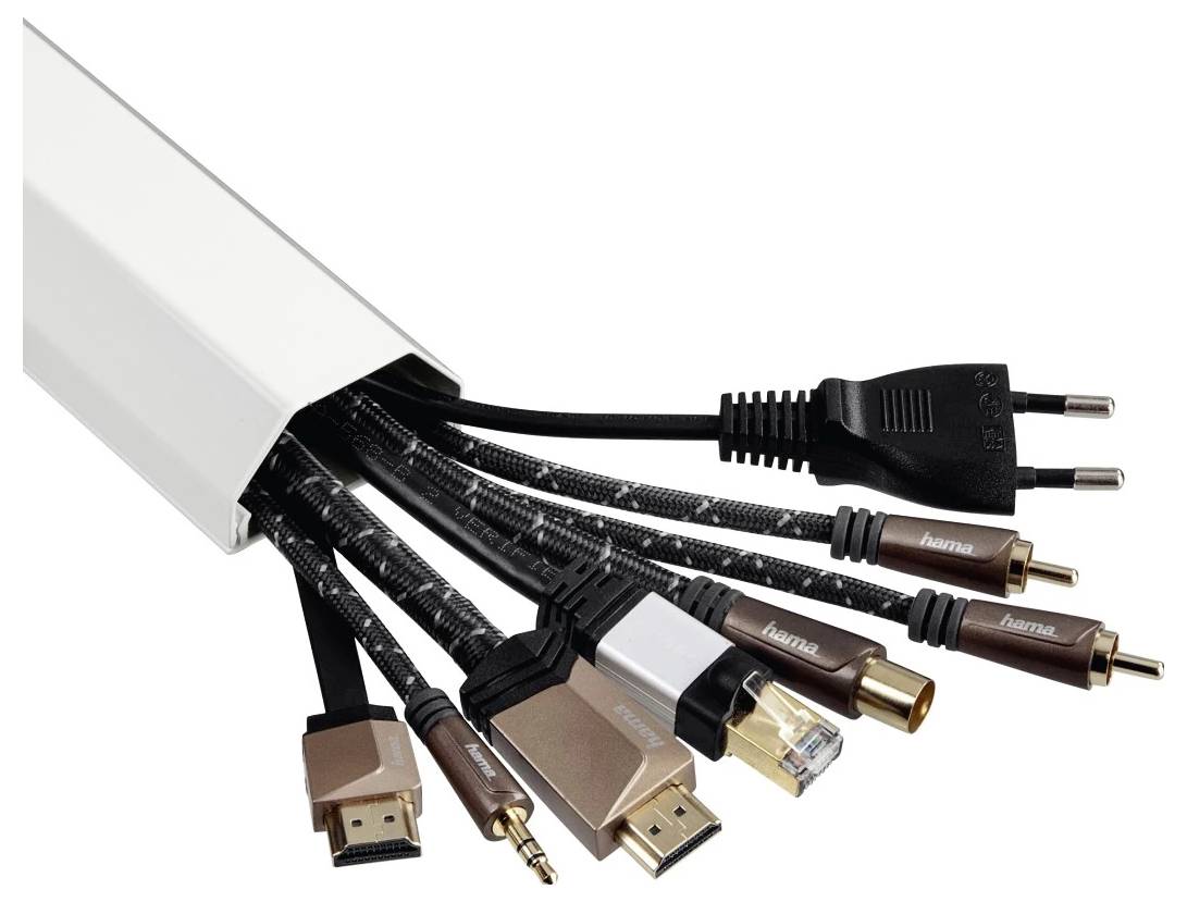 Ein weißer Kabelorganizer, der mehrere schwarze Kabel mit verschiedenen Anschlüssen hält, einschließlich Stromstecker, HDMI, Ethernet, USB und Audiostecker, fächerförmig auf weißem Hintergrund ausgebreitet.