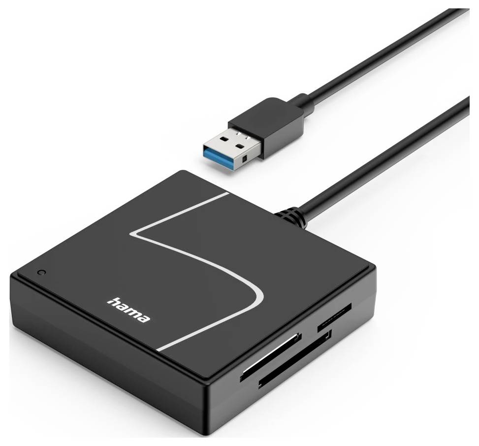 Schwarzer USB-Kartenleser mit angeschlossenem Kabel und USB-Stecker, zeigt mehrere Speicherkartensteckplätze auf der Vorderseite und Hama-Branding oben.