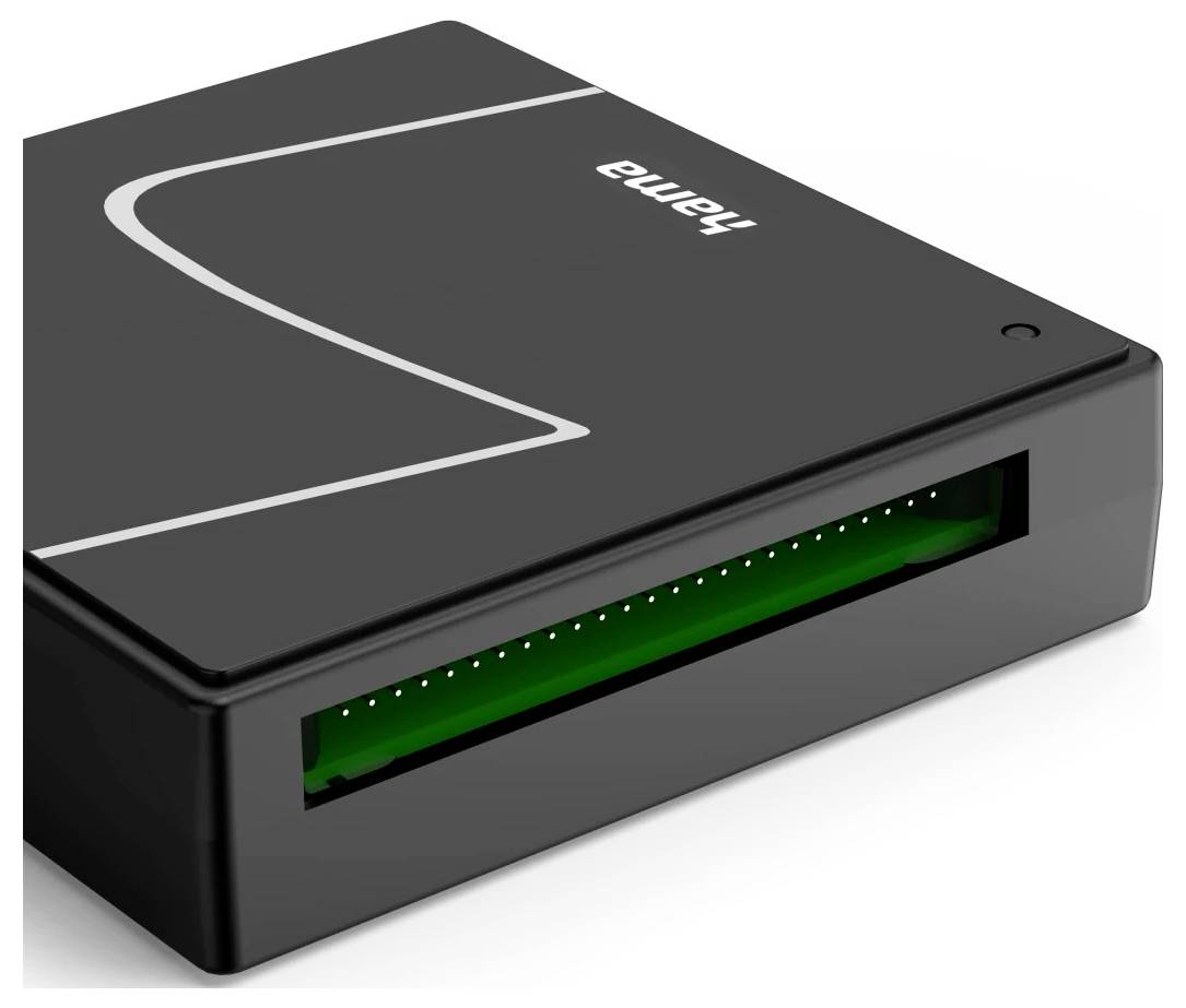 Schwarzes elektronisches Gerät mit grün beleuchtetetem Frontschlitz und 