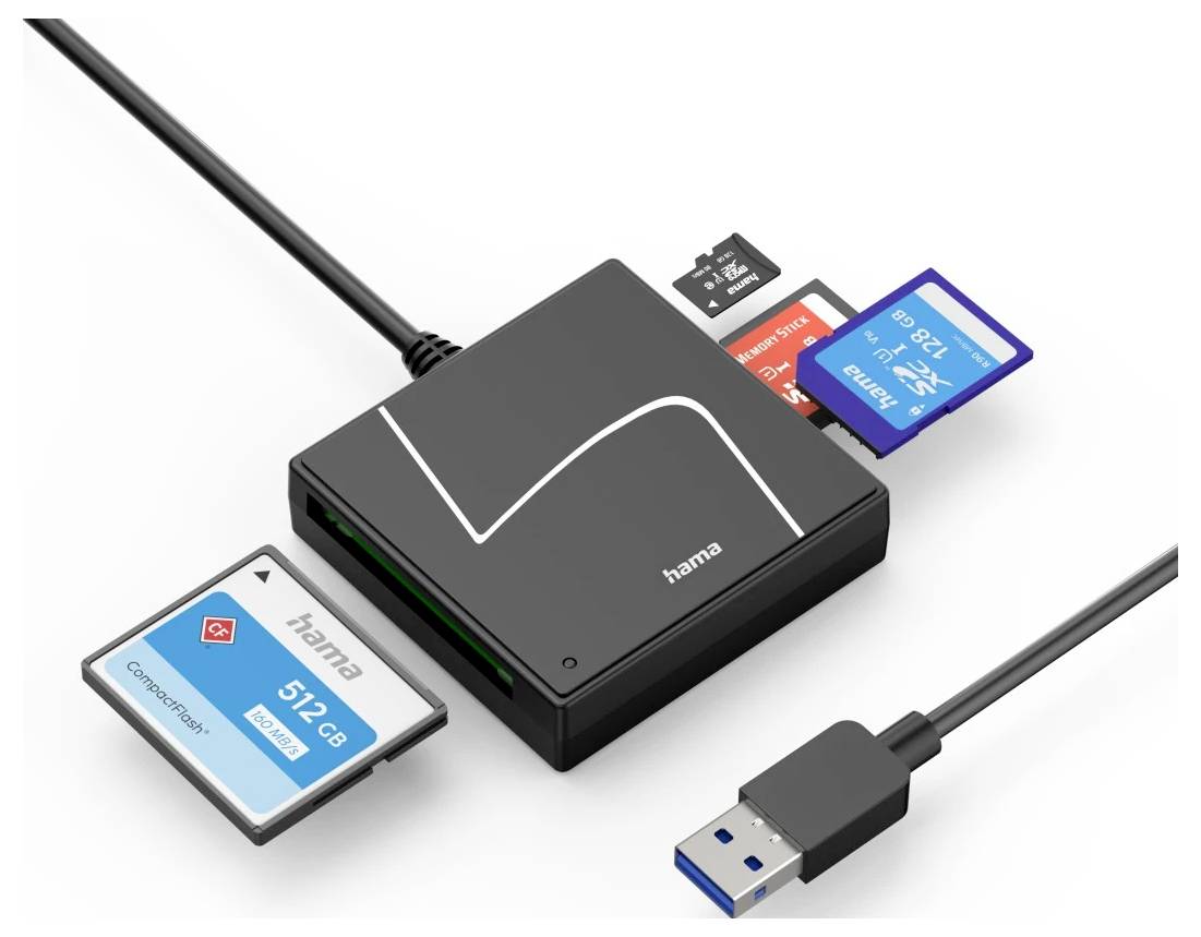 Ein USB-Kartenleser mit mehreren eingelegten Speicherkarten und angeschlossenem USB-Kabel, gezeigt auf weißem Hintergrund.