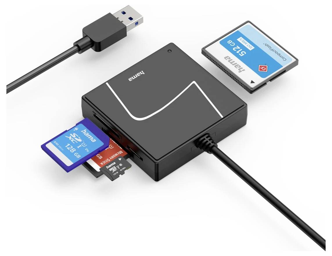 Kompakter USB-Kartenleser-Hub mit mehreren eingefügten Speicherkarten und einer daneben gezeigten SD-Karte, die den Multi-Format-Kartenzugriff veranschaulicht.