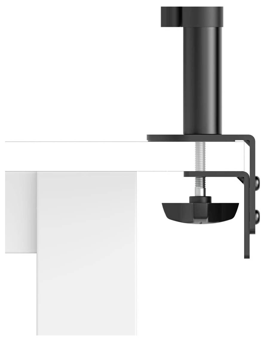 Eine schwarze Klemme, die an einer Tischkante montiert ist, hält einen vertikalen Stützpfosten, wahrscheinlich eine Tischhalterung für einen Monitor oder eine Lampe.