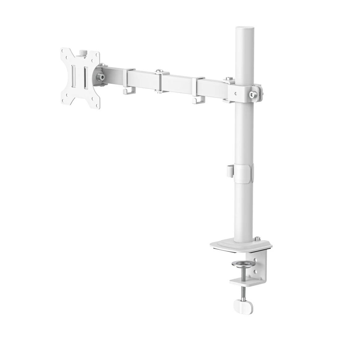 Verstellbarer weißer Monitorarm geklemmt an einen Pfosten, mit VESA-Bildschirmhalterung auf der linken Seite und Schreibtischklemmfuß unten.