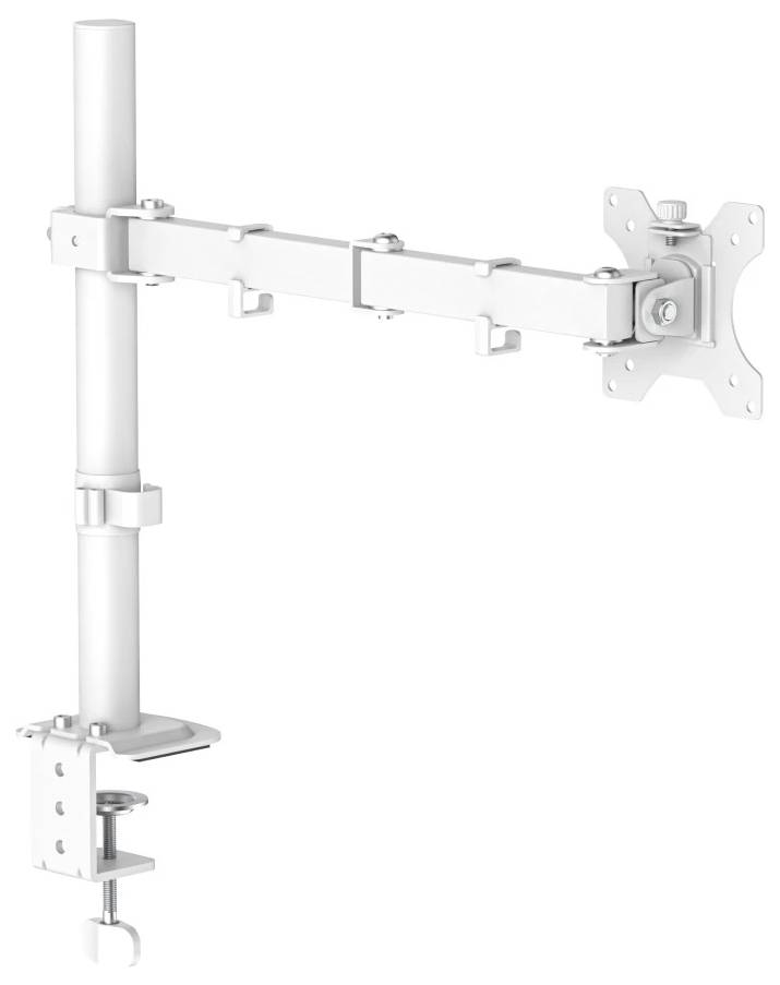 Weiße verstellbare Dual-Monitor-Schreibtischhalterung mit Klemmfuß und VESA-Arm auf Stange, gezeigt auf einfachem Hintergrund.