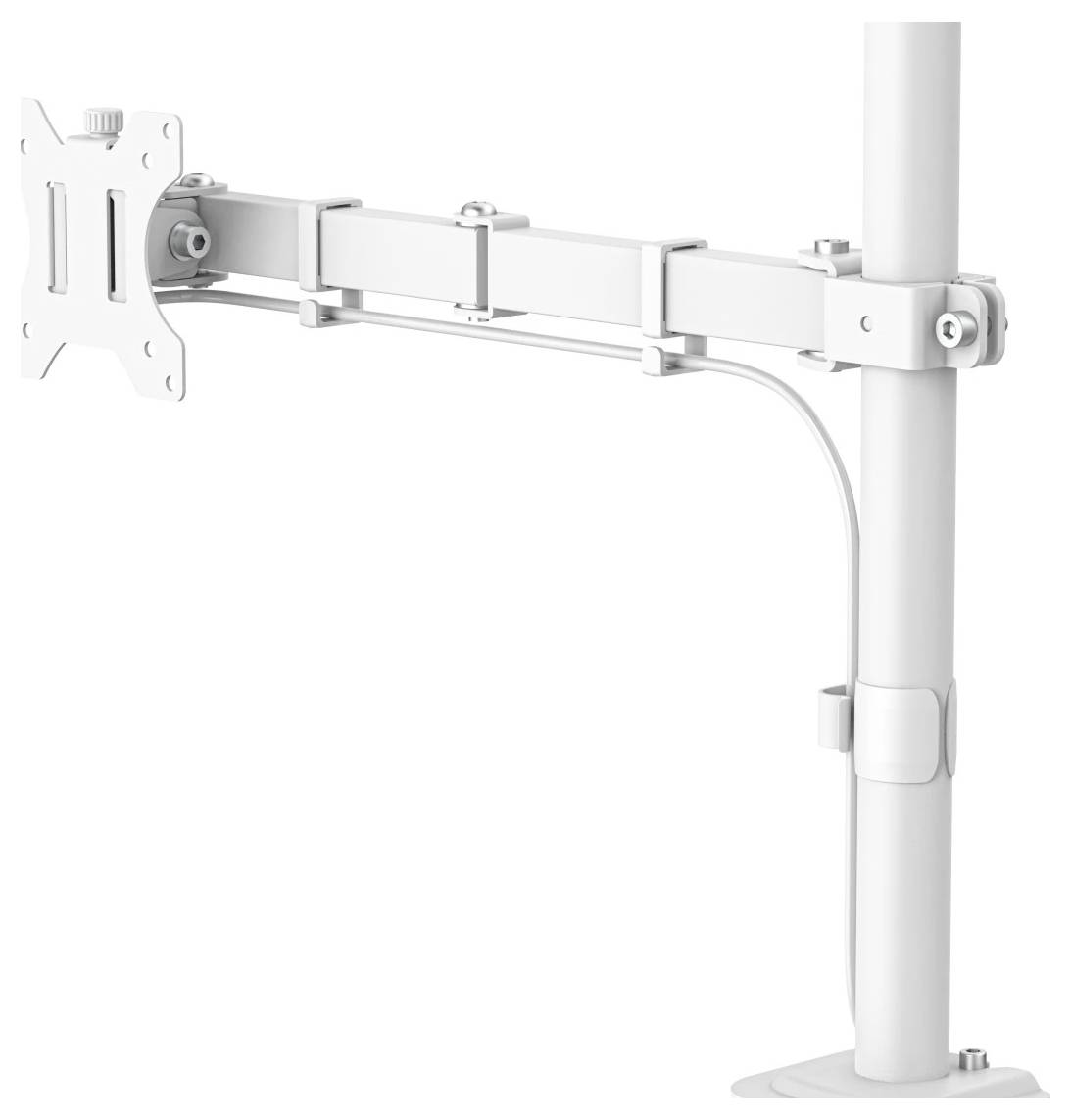 Verstellbarer weißer TV-Wandhalter mit Arm, der an einem vertikalen Pfosten befestigt ist, in ausgefahrenem und geneigtem Zustand zur Positionierung eines Flachbildschirms dargestellt.