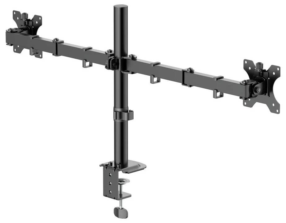 Schwarze verstellbare Doppelmonitor-Schreibtischarmlehne mit zwei VESA-Halterungen an einer zentralen Säule und Klemmfuß.