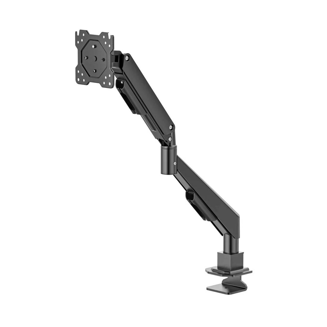 Hände halten eine schwarze Kunststoff-Wandhalterung oder ein Befestigungswinkel mit verstellbaren Schlitzen, gezeigt vor einem weißen Hintergrund.