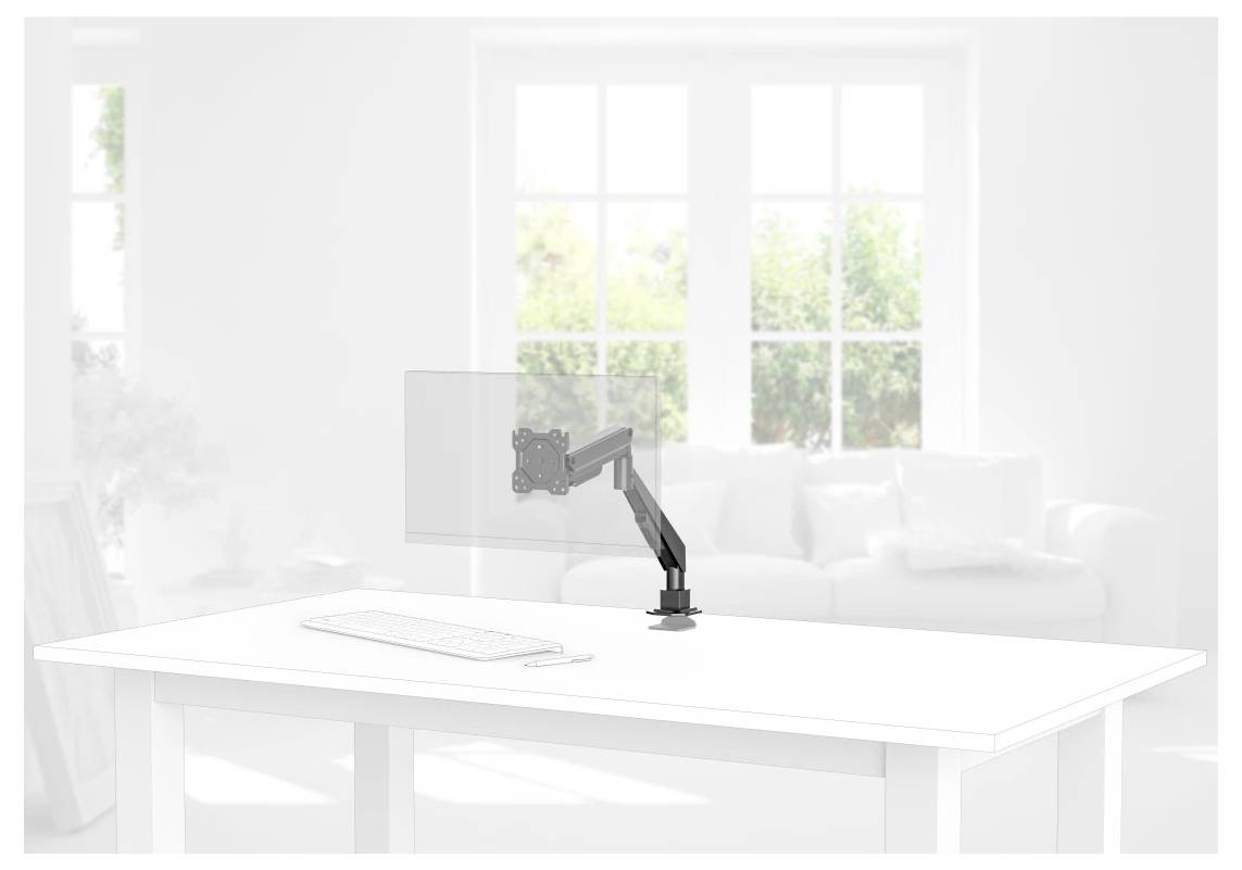 Verstellbarer Monitorarm auf einem weißen Schreibtisch in einem hellen Homeoffice montiert, der einen Bildschirm auf Augenhöhe neben einer Tastatur hält.