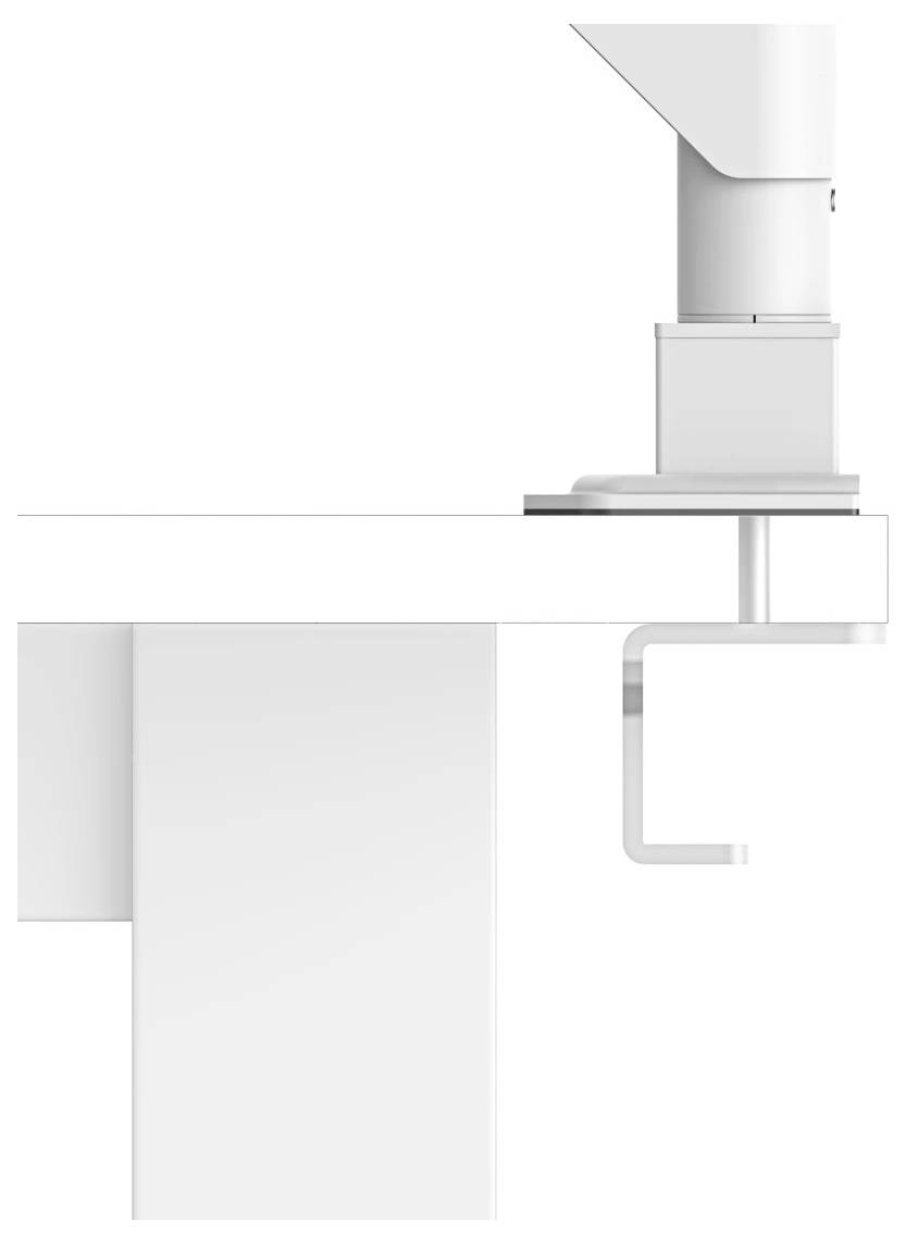Minimale weiße 3D-Produktabbildung eines an der Wand montierten Spenders oder einer Pumpe über einer Arbeitsplatte, mit Teilansicht der Armatur und des Unterschranks darunter.