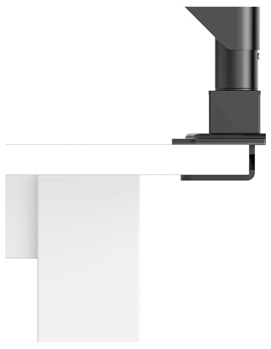 Nahaufnahme einer schwarzen Klemme, die ein weißes Paneel auf einer Oberfläche sichert, wobei die Montagehardware und die Halterungsverbindung sichtbar sind.