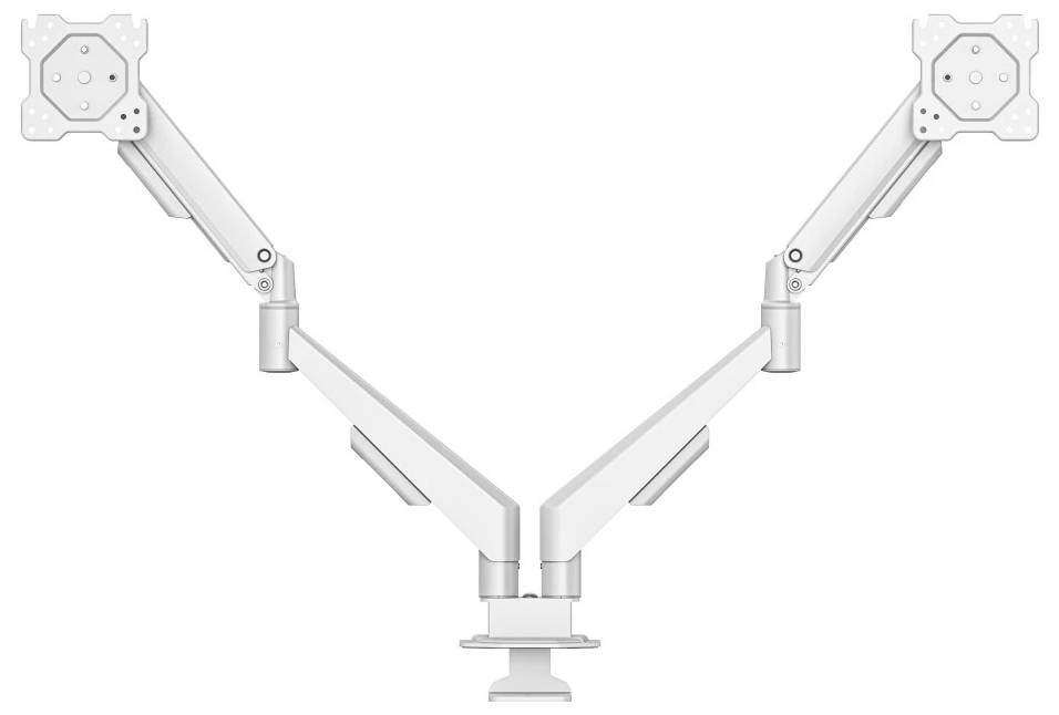 Weiße Dual-Arm-Monitorhalterung mit zwei gelenkigen Armen, die symmetrisch nach oben geneigt von einer zentralen Schreibtischklemmbasis angewinkelt sind.