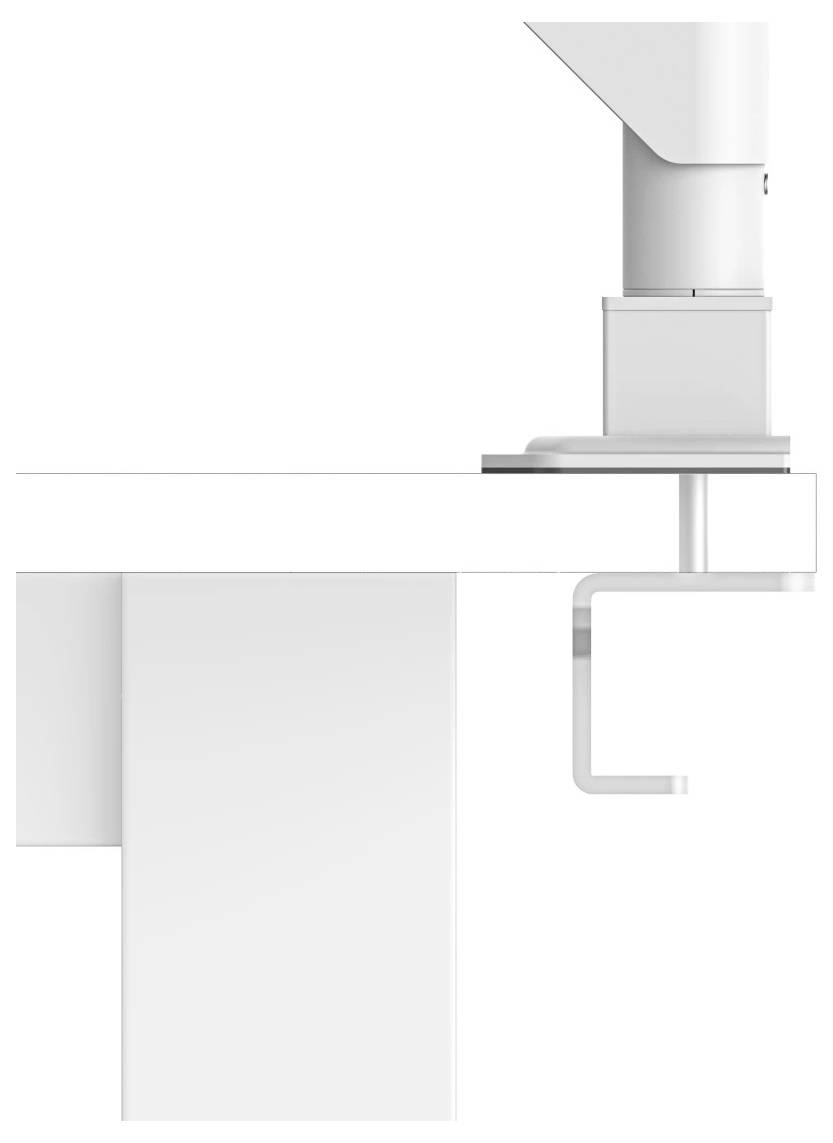 Minimalistische abstrakte Illustration einer weißen Arbeitsflächen-Armatur oder eines Spenders, der über einem Waschbecken oder einer Ablage montiert ist, mit einem darunter hängenden Handtuch.