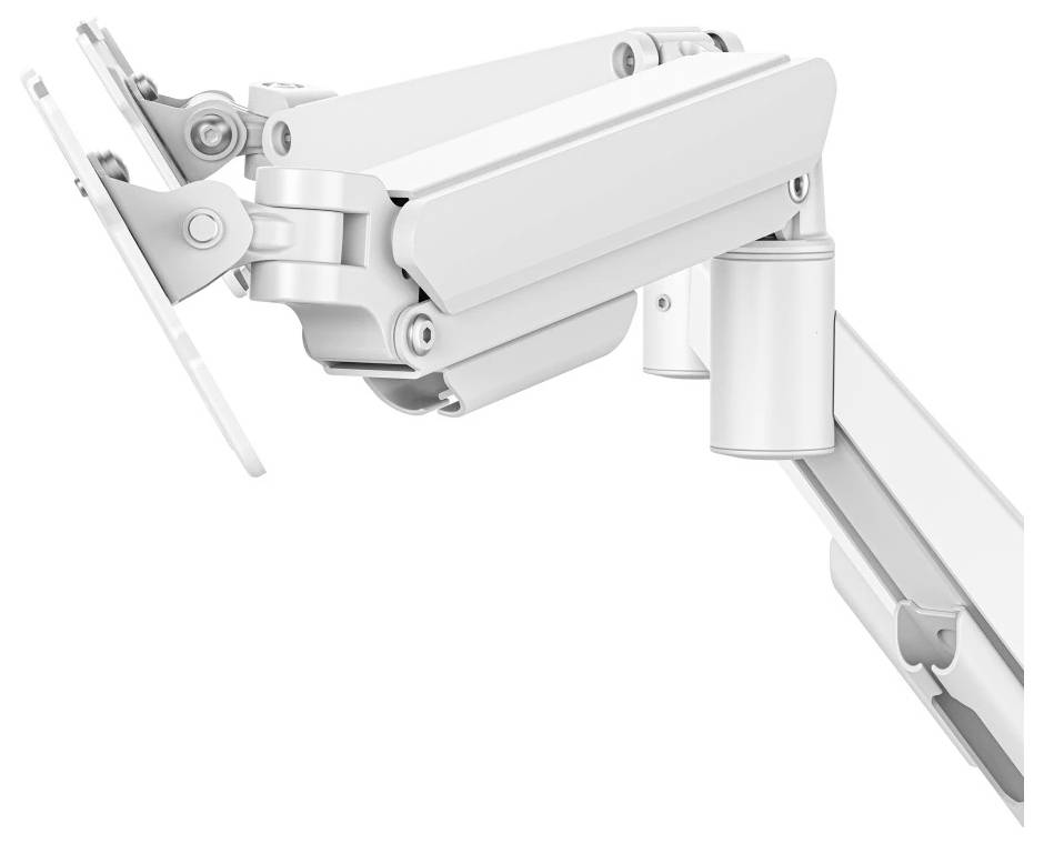 Nahaufnahme eines weißen, gelenkigen mechanischen Arms oder einer Halterung mit Drehgelenken, gezeigt vor einem einfachen weißen Hintergrund.