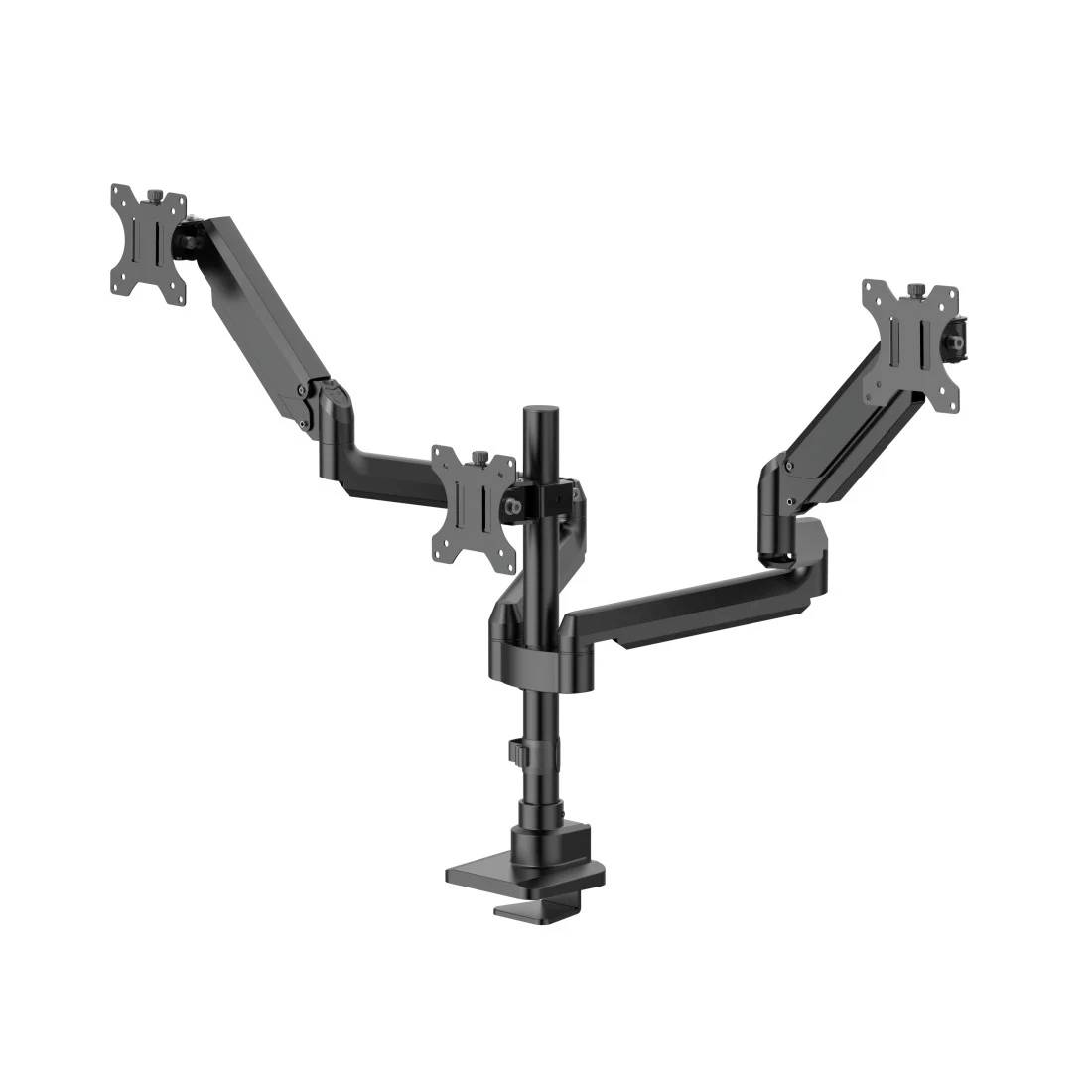 Schwarze Triple-Monitor-Schreibtischhalterung mit drei verstellbaren Armen und VESA-Platten auf einer Klemmenbasis.