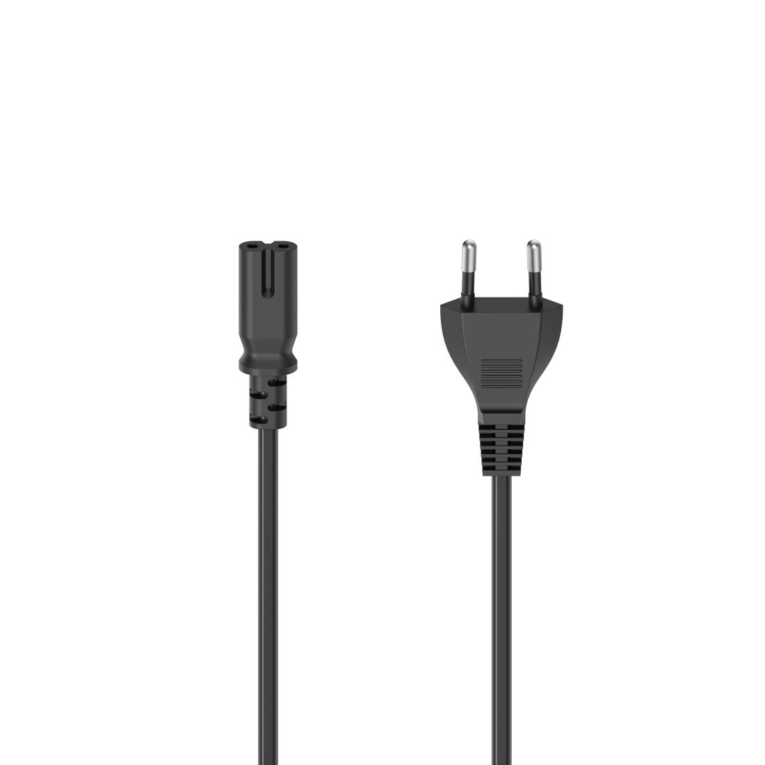 Schwarzes zweipoliges Stromkabel mit europäischem Stecker auf einer Seite und Gerätestecker auf der anderen Seite, auf weißem Hintergrund dargestellt.