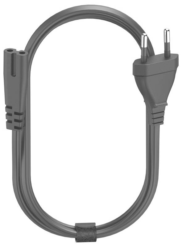 Graues Stromkabel mit zwei Stiften und geformtem Stecker, das auf weißem Hintergrund aufgewickelt gezeigt wird.