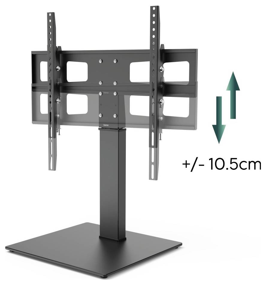 Verstellbarer TV-Ständer mit Basis, gezeigt mit Pfeilen nach oben und unten sowie „+/- 10,5 cm