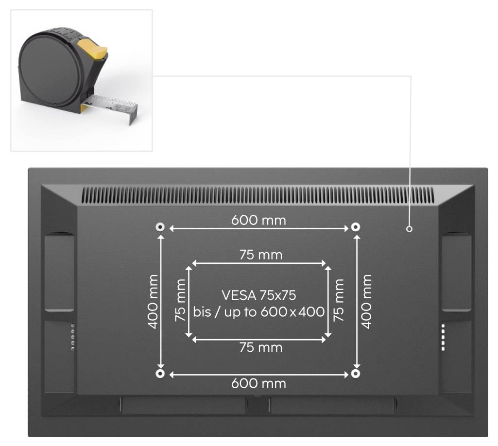 TV-Montage-Rückplatte-Diagramm mit VESA-Lochmuster 75x75 bis 600x400, mit 600 mm x 400 mm Abmessungen und 75 mm Abstand.