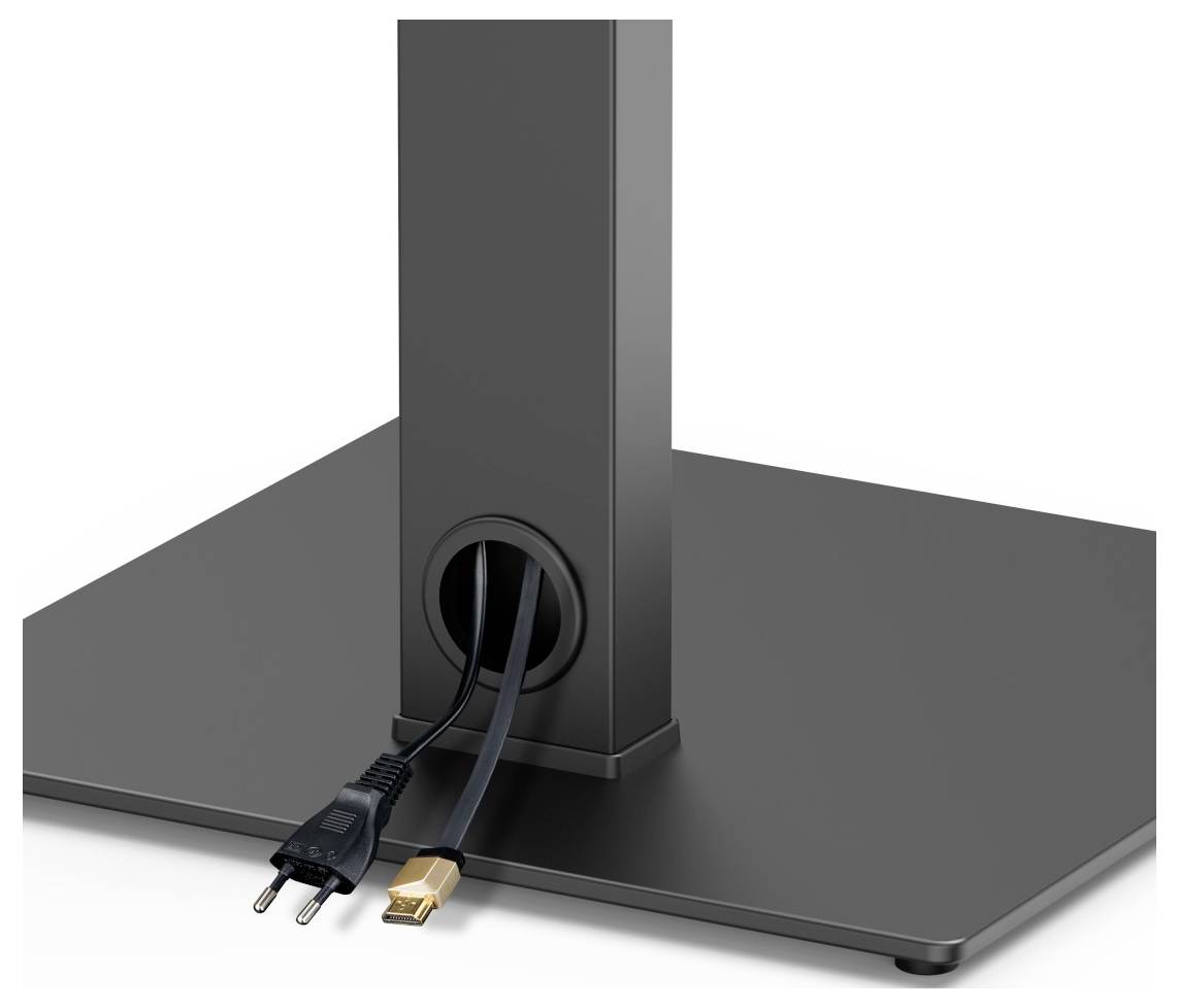 Rückansicht einer Monitorständerbasis mit verbundenen Strom- und Videokabeln, die von der mittleren Säule herunterhängen.