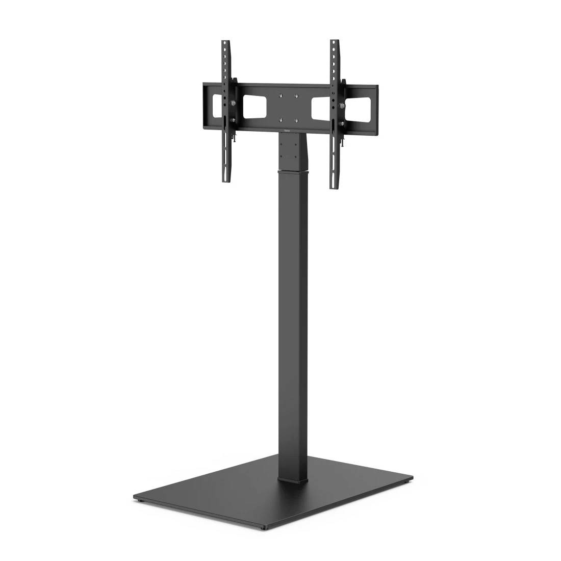 Schwarze standfüßige Fernsehmontage mit rechteckiger Basis und verstellbarer Halterung für ein Flachbildschirm-Display.
