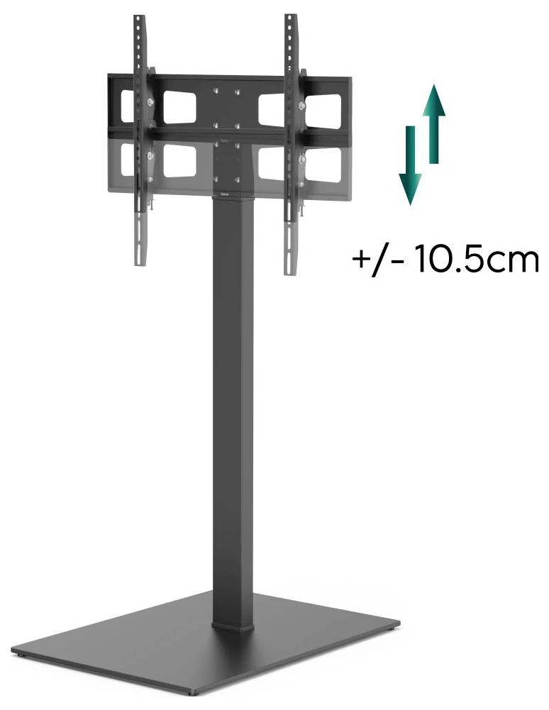 Verstellbarer TV-Standfuß mit Halterung, mit einer vertikalen Höhenverstellung von +/- 10,5 cm.