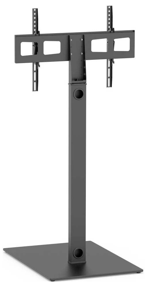 Schwarzer Fernseh-Standfuß mit verstellbarem vertikalen Montagebügel und quadratischer Basis auf weißem Hintergrund.